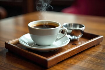A steaming cup of coffee sits on a polished wooden tray, alongside a small glass of water and a silver sugar bowl, a classic butler service presentation , classic, hospitality, sugar
