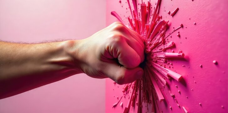 A vibrant close-up shot of a fist impacting a pink surface, creating a burst of color and texture The image evokes themes of strength, defiance, and breaking barriers , conflict, bold