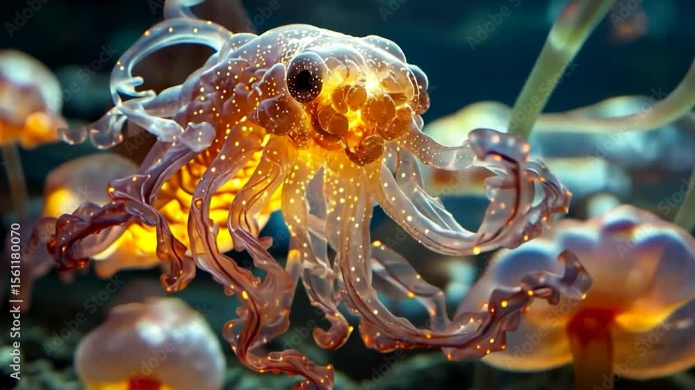 Poster glowing jellyfish with bioluminescent patterns floating underwater against a blurred background illu