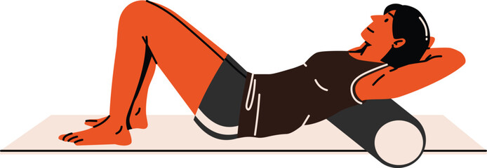 A woman resting on a foam roller to relax back muscles ideal for recovery or yoga-themed design.