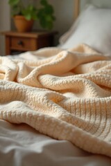 Cozy, soft blanket draped over a bed, perfect for a sleepy afternoon nap The soft texture and warm colors evoke feelings of comfort and relaxation , lifestyle, sleep, restfulness