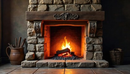 A crackling fireplace decorated with intricately carved wooden mantelpiece and glowing embers, casting a warm inviting light on the surrounding stone walls , stone, carved