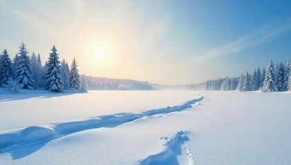 Naklejka premium Vast, snow-covered landscape stretching to the horizon under a pale winter sun Frozen lake, distant trees, pristine white expanse Perfect for winter wonderland themes , panorama, expanse