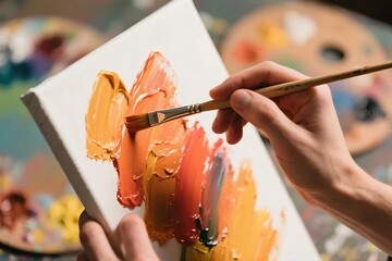 Artist Hand Painting with Brush on Canvas Using Vibrant Acrylic Colors