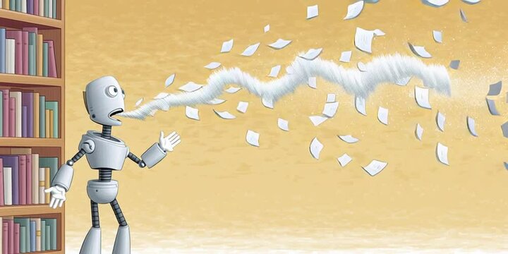 AI robot in a library spitting out AI slop while standing next to a bookshelf filled with literature