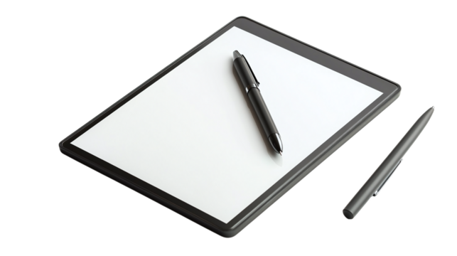 • A stylish digital notepad with a pen and paperlike screen, isolated on white background in HD 