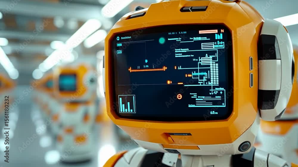 Poster robotic devices in a long row display futuristic interfaces orange and white color scheme bright lig