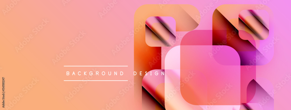 Poster abstract geometric shapes overlap, creating vibrant gradients. peach background complements purple, 