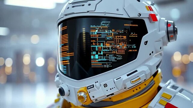Futuristic astronaut helmet with reflective visor displaying data information against blurred background of a modern interior setting highlighting advanced technology