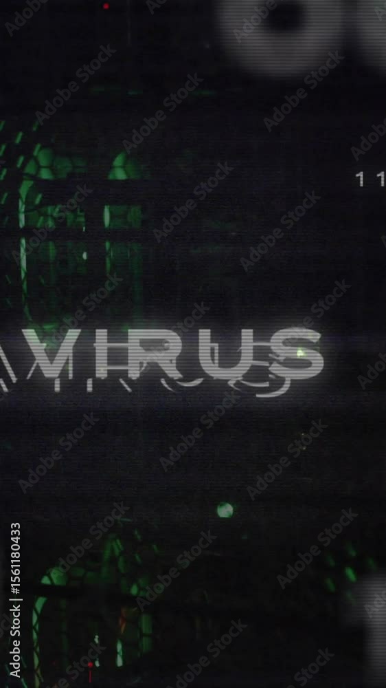 Poster animation of virus text over data processing and server room