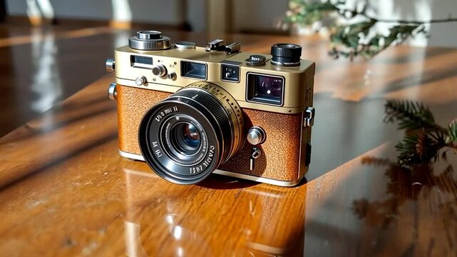 Close-up view of a vintage camera on a wooden table with natural light and decorative elements suggesting a cozy indoor setting