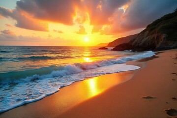 Serene coastal scene at sunset Golden light bathes the sandy shore and calm ocean waves Perfect for travel, vacation, or nature-themed projects , dawn, water