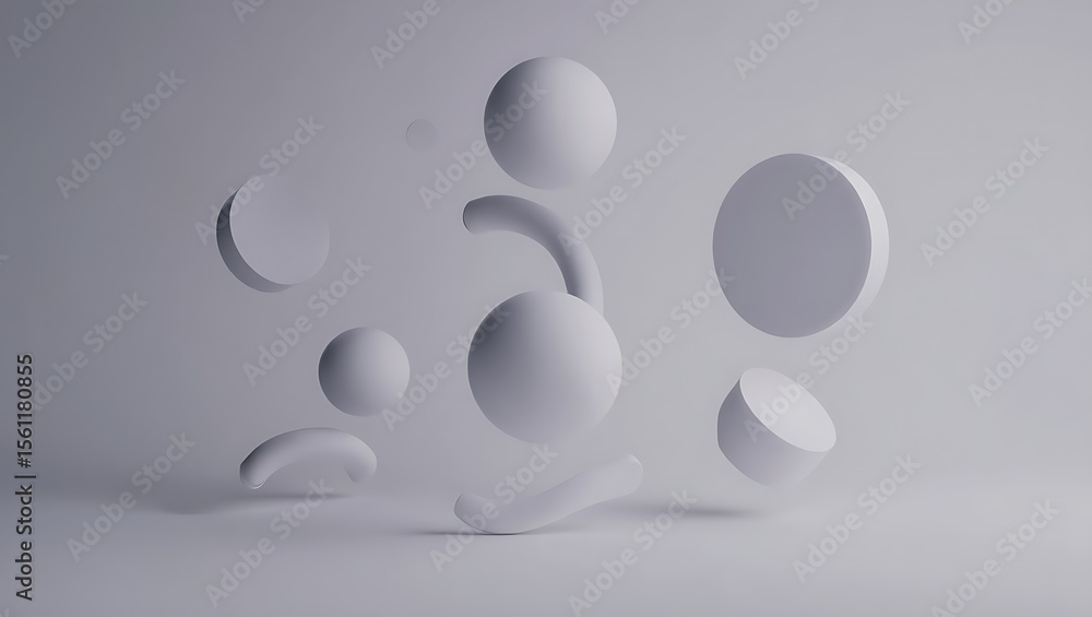 Fototapete abstract 3d rendering floating geometric shapes, minimalist white forms