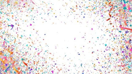 Colorful confetti explosion on clean white background, ribbons, stars and empty space in center for big headline