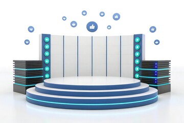 Modern stage with social media icons and blue neon lighting