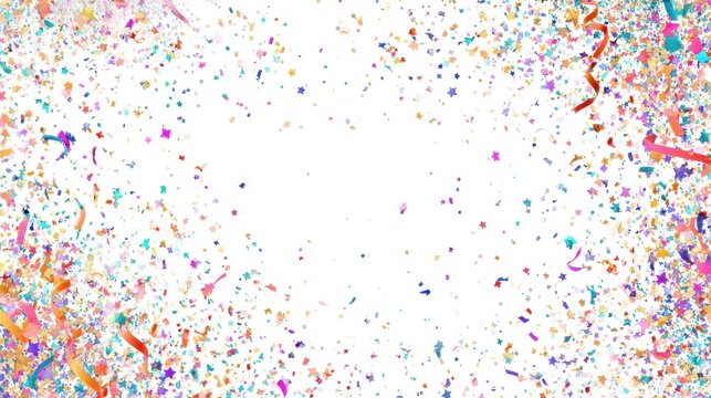 Colorful confetti explosion on clean white background, ribbons, stars and empty space in center for big headline