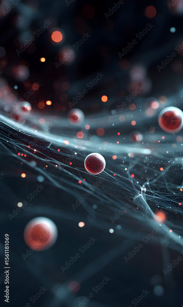 Poster intricate network of interconnected nodes with glowing orbs resembling cells in a complex