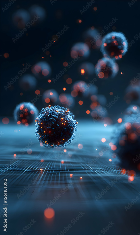 Poster abstract cellular visualization with illuminated particles and grid framework highlighting digital