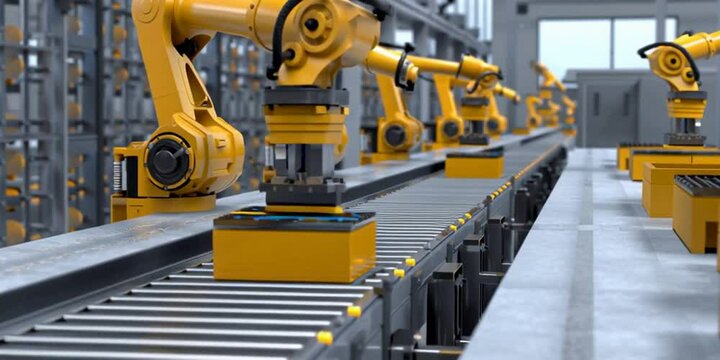 An automated factory production line with heavy duty industrial robotic equipment for the fourth industrial revolution
