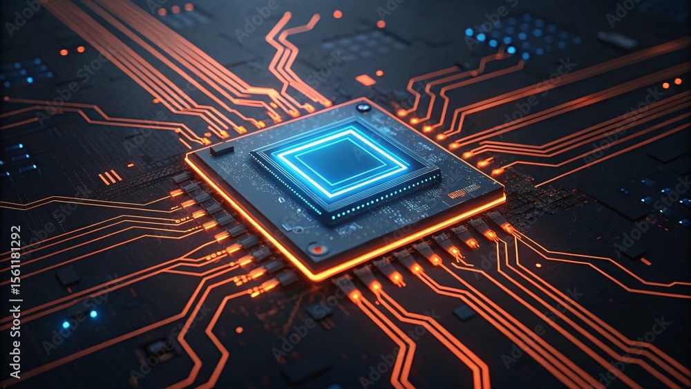 Poster close up of a microchip displaying its circuitry with orange and blue neon lights on a dark electron