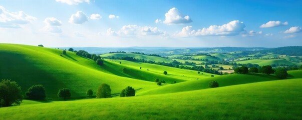 Stunning aerial shot of a lush green landscape with rolling hills, vibrant fields, and a clear blue sky Perfect for environmental, travel, and nature projects , wallpaper, wildlife