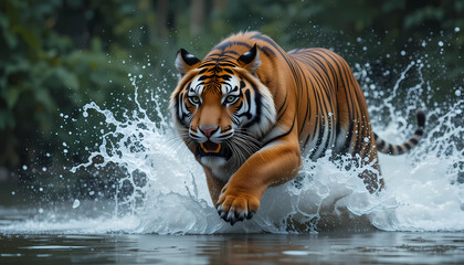A striking tiger powerfully strides through the water creating a splash of refreshing droplets