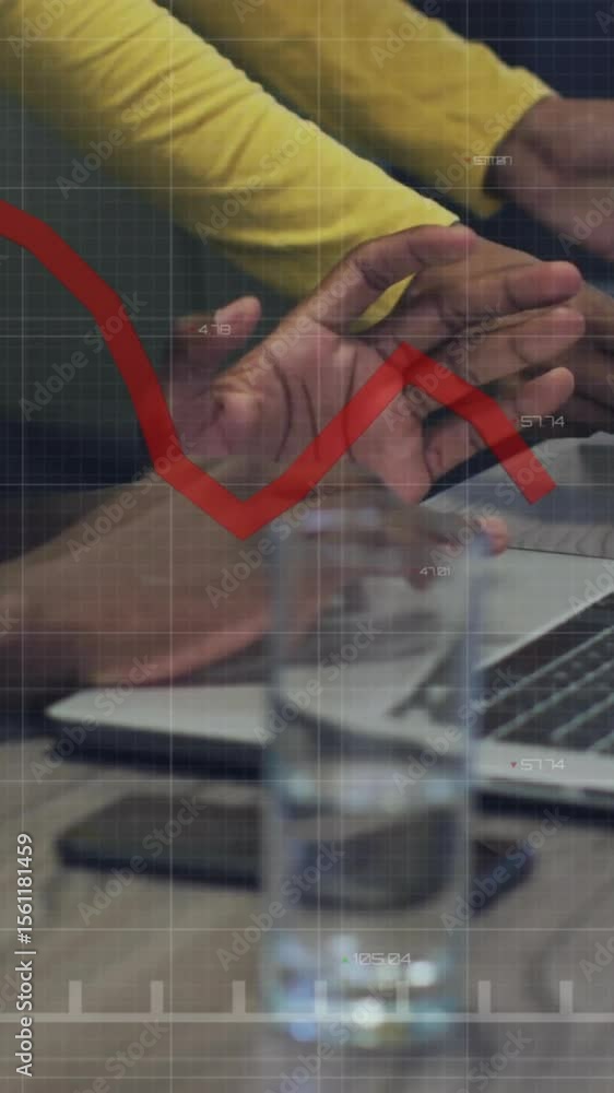 Poster animation of diagram and data processing over colleagues using laptop in office