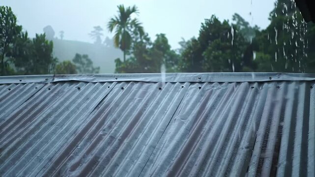 Monsoon video showing raindrops hitting a tin roof with ambient sound, rural background, and moody lighting.

