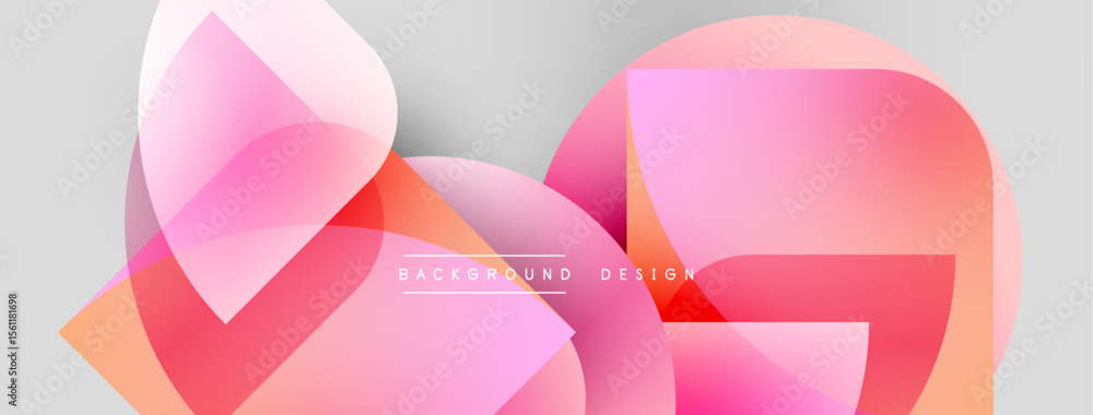 Poster abstract geometric shapes overlap, creating vibrant pink, orange gradients. light gray background pr