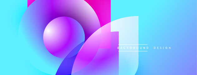 Abstract vibrant design features overlapping circles, gradients. Blue, pink, purple hues create modern visual impact. Simple text element present.