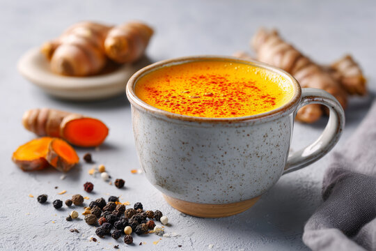 A vibrant orange turmeric latte in a ceramic cup on a light background table, with turmeric root, ginger, and black pepper scattered neatly nearby, wellness concept