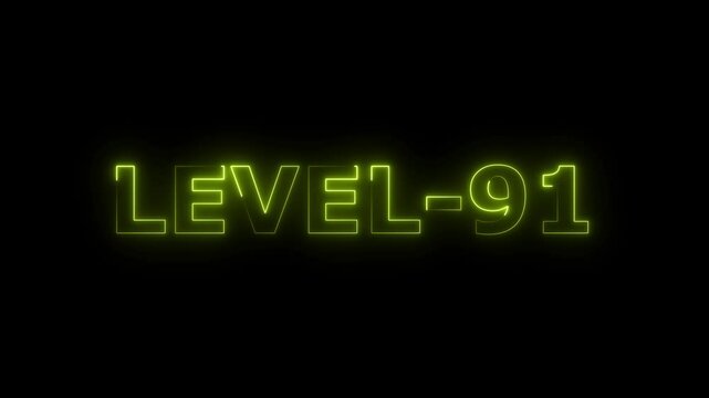 a glowing neon Level Ninety-one 91 text animation video on black background motion graphic 