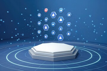 Futuristic hexagonal icons floating above a stage with glowing rings