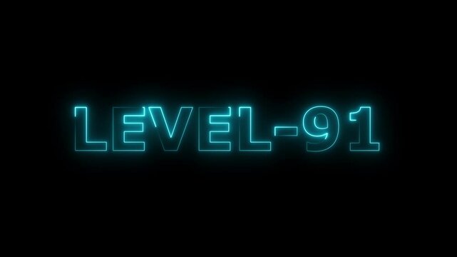 a glowing neon Level Ninety-one 91 text animation video on black background motion graphic 