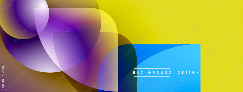 Poster Abstract colorful shapes overlap, creating dynamic visual effect. Yellow dominates right side, purple left. Modern design elements present.