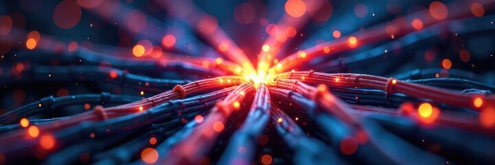 Close-up of a complex network of fiber optic cables glowing brightly, symbolizing advanced connectivity and technological innovation in the digital age , connection, glowing fibers