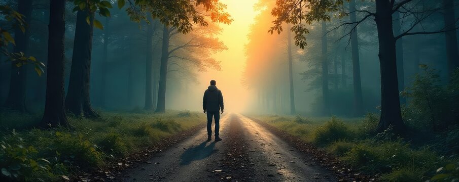 A lone figure stands at a crossroads, three paths diverging into a misty forest, symbolizing a critical decision and the unknown future that awaits , mystery, indecision