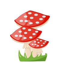 A group of three red mushrooms with white spots and grass base in cartoon style. Great for fantasy illustrations, children's media, forest scenes, or decorative designs.