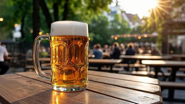 Close-up of a full beer mug on a wooden table with a blurred background of people enjoying a sunny day in an outdoor setting. Sun flare and backlighting enhance the scene