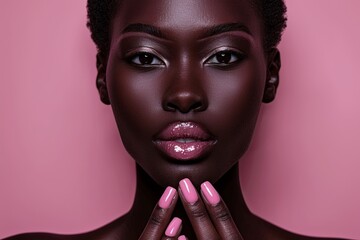 Fototapeta premium Young African American woman touches her chin, conveying serenity and sophistication. Studio setting with plain pink background enhances calm mood during daytime.