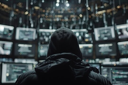 Mysterious person wearing hooded jacket stands in dark computer lab filled with glowing screens displaying code. Intense atmosphere evokes secrecy and intrigue during night.
