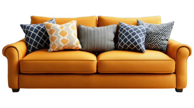 Yellow sofa with patterned throw pillows