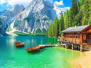 Peaceful Alpine Scene with Wooden Boats Floating on Crystal‑Clear Braies Lake under Majestic Mountain Scenery mountain lake in switzerland