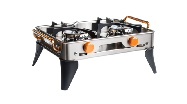 • A trendy foldable camping stove with multi-fuel capability, isolated on white background in HD 