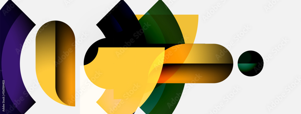 Poster abstract shapes overlap, creating dynamic composition. colors include gold, purple, green, black. mi