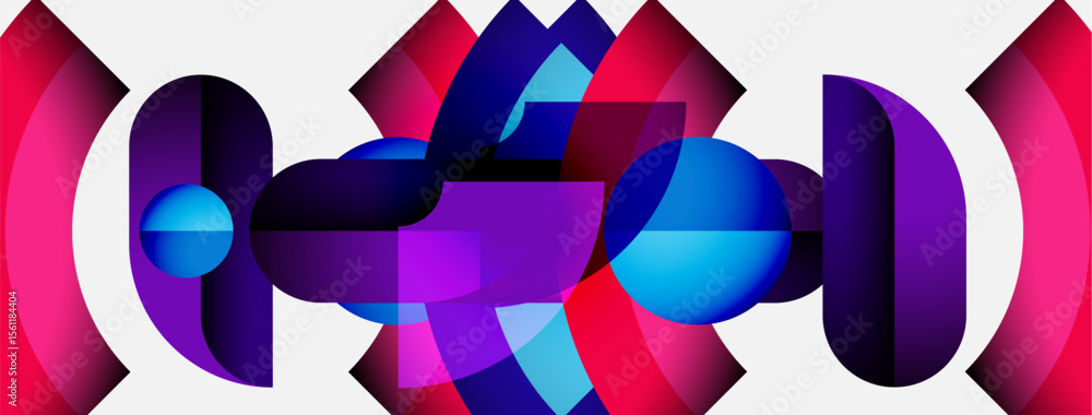 Poster abstract composition. geometric shapes overlap, creating vibrant color gradients. purple, blue, pink