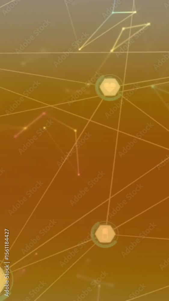 Poster animation of network of connections with icons on orange background