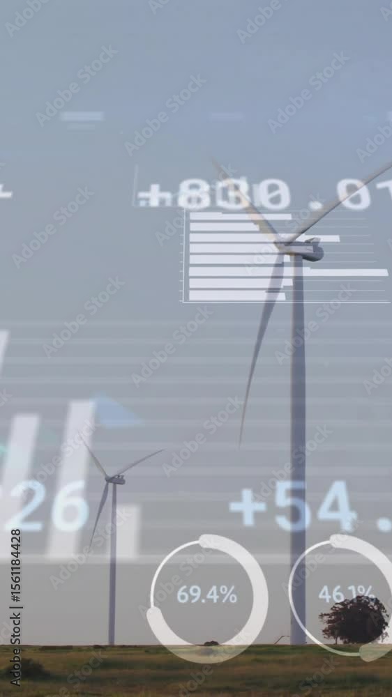 Poster animation of financial data processing over wind turbines on field