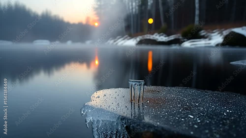 Poster a tranquil waterscape features a reflective lake with snow-covered banks and a backdrop of misty tre