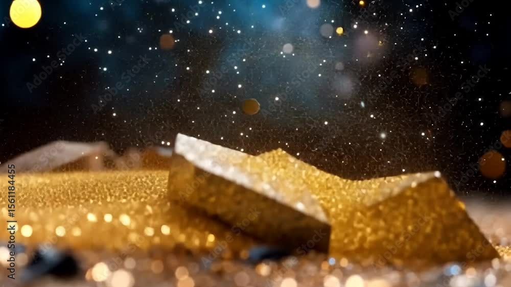Poster shimmering golden glitter particles and crystal abstract texture against a dark blue backdrop with a